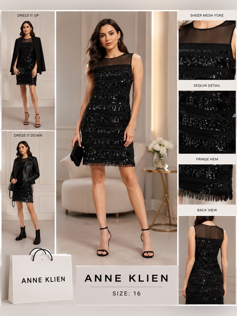 Anne Klein Black Sequin Fringe Mini Dress